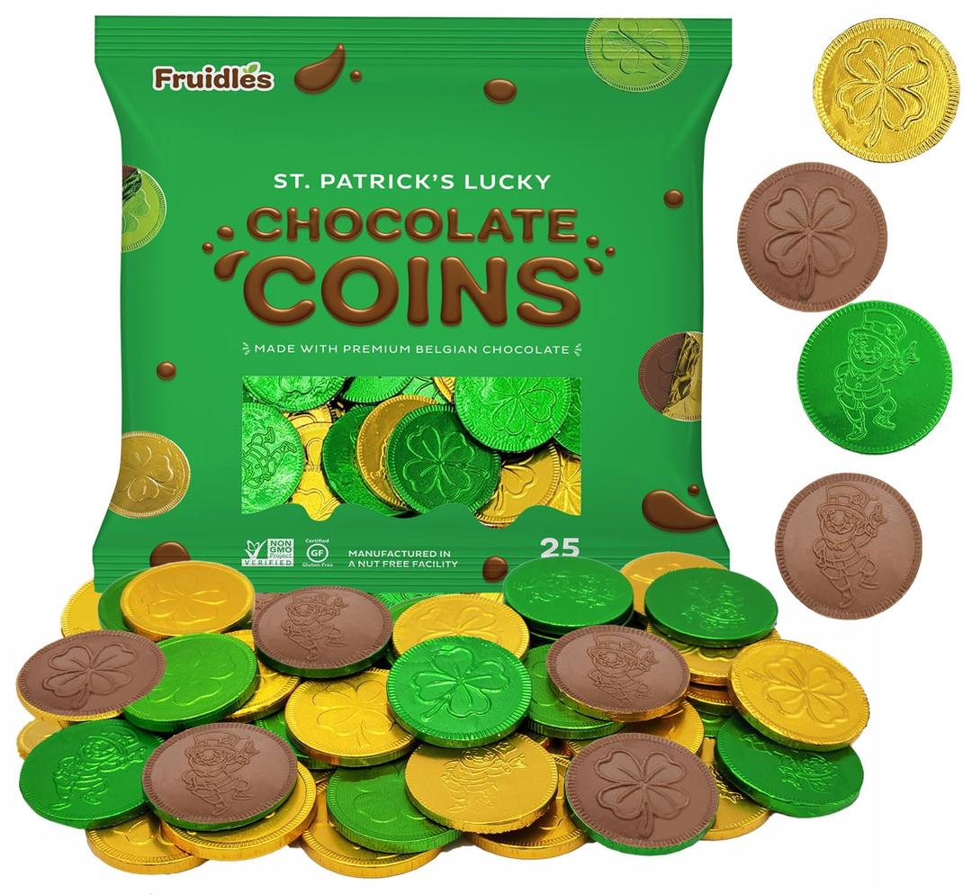 3 x St. Patrick's Day Milk Chocolate Green & Gold Coin, 25 Coins, Shamrock & Leprechaun Themed Coins, Parties, Events and Celebrations, Perfect for Gift Bags and Festive Decorations, 4.5g Milk Chocolate Coin (EXP 11/02/27)