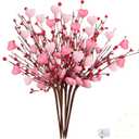 Valentine's Day Gifts Valentines Day Decorations 8PC Pink Heart Shaped Valentine Floral Picks with Red Berries Pink Roses for Valentines Day Wedding Candlelight Anniversary Flower Bouquets Decor