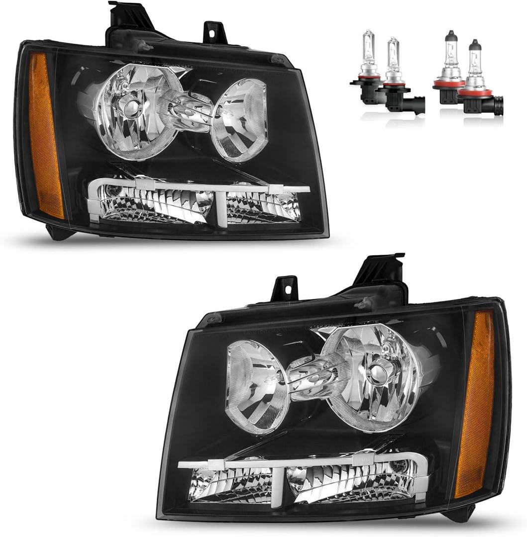 Headlights W/Bulbs for 2007-2014 Chevy Tahoe Suburban 1500, 2007-2013 Avalanche Suburban 2500 Headlamp Replacement Driver & Passenger Side