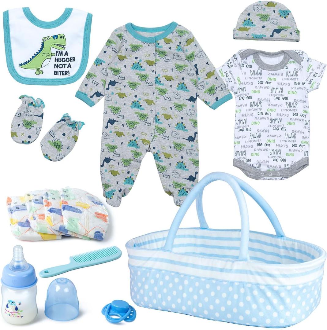 13 Pcs Reborn Baby Doll Clothes Dinosaur for 17-22 Inch Reborn Dolls Accessories Bodysuits +Bassinet+ Diaper Newborn Baby Doll Clothes Boy