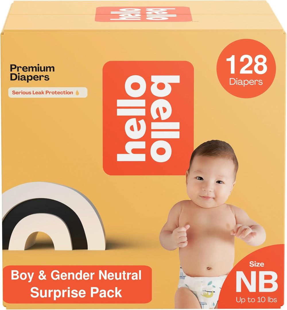 Hello Bello Newborn Premium Diapers, (Size NB - Up to 10 lbs) Surprise Pack for Boys - 128 Count, Hypoallergenic with Soft, Cloth-Like Feel - Assorted Boy & Gender Neutral Patterns