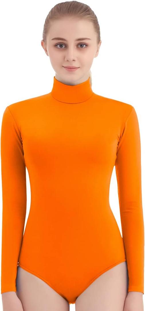 SUPRNOWA Turtleneck Leotard Long Sleeves Spandex Dance Workout Fitness Bodysuit for Women (Orange, M)