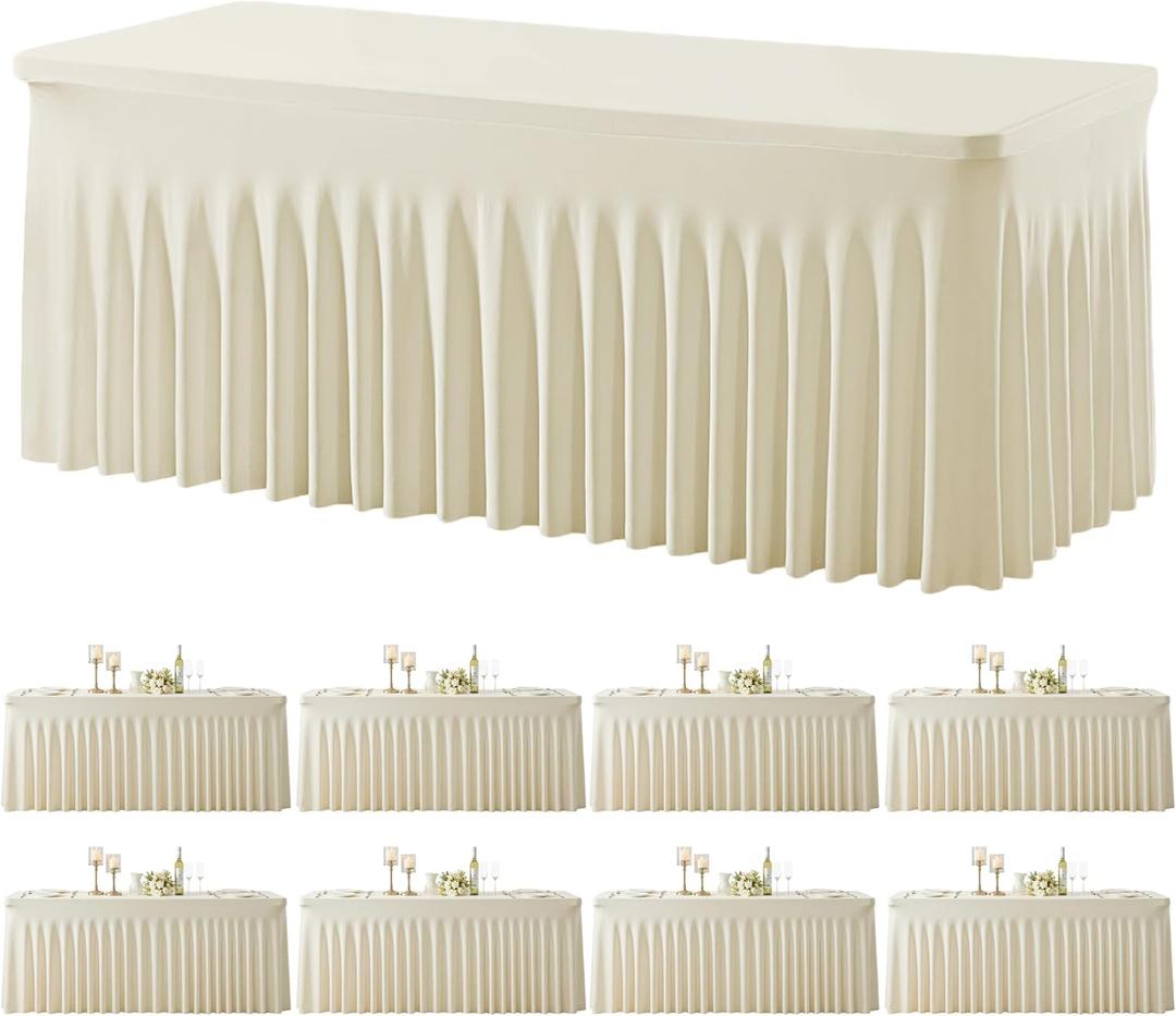 8 Pack Spandex Beige Fitted Table Cloth for 6ft Rectangle Tables Beige Stretch Tablecloth Table Covers Skirt Banquet Wrinkle Free Tablecloths for Parties Wedding