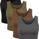 4 Pieces Women Basic Crop Tank Top Short Sleeveless Sports Crop Top (Small, Dim Gray, Black, Dark Olive Green, White)