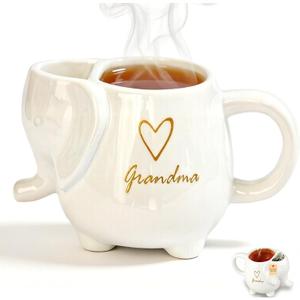 ZAGEVIVIN Elephant Ceramic Tea Mug with Tea Bag Holder, Grandma Design with Heart, White Stoneware Coffee Cup, 15 oz, Microwave and Dishwasher Safe (Grandma)