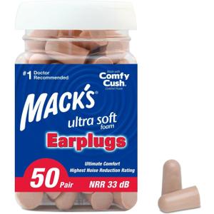 Mack's Ultra Soft Foam Earplugs, 50 Pair - 33dB Highest NRR, Comfortable Ear Plugs for Sleeping, Snoring, Travel, Concerts, Studying, Loud Noise, Work | Made in USA