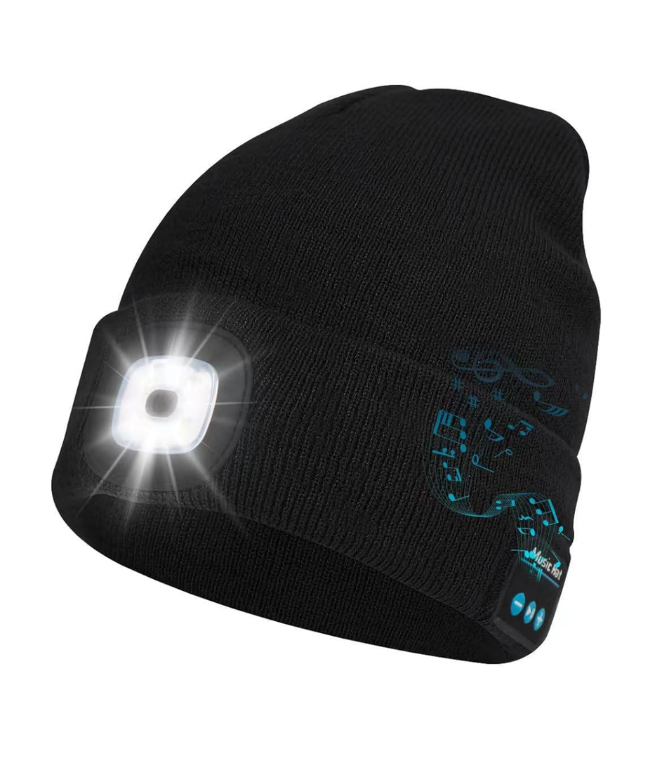 Bluetooth Beanie with Light, Musical Knit Hat with Headphones and Built-in Speaker Mic, Gifts for Men Women Dad