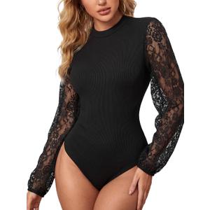 KIFOVEN Women's Lace Lantern Long Sleeve Bodysuit 2026 Sexy Ribbed Mesh Going Out Tops Elegant Crewneck Jumpsuit Blouse, Small