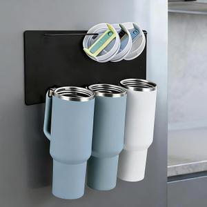 Magnetic Stanley Cup Holder for Refrigerator - Waycco Upgraded 2-in-1 Tumbler Organizer with Lid Hanging Bar & Slide-in Hooks, Fits Stanley Adventure Mug, Yeti Rambler & Most Handle Mugs (Black)