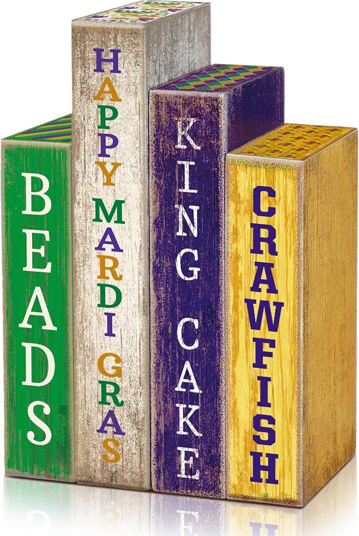 Lineshading 4 Pcs Mardi Gras Table Decor Rustic Wooden Book Sign Carnival Tiered Tray Decor Farmhouse Tabletop Sign Centerpieces for Mardi Gras Carnival Home Shelf Decoration