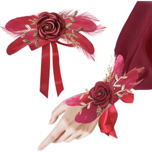 VIJIV Adjustable Feather Wrist Corsage for Weddings Bouquet & Prom Luxury | Elegant Bridal Wristlet Accessory (Burgundy) | Handmade Vintage Design with Ribbon Closure for Bride, Bridesmaid, Homecoming