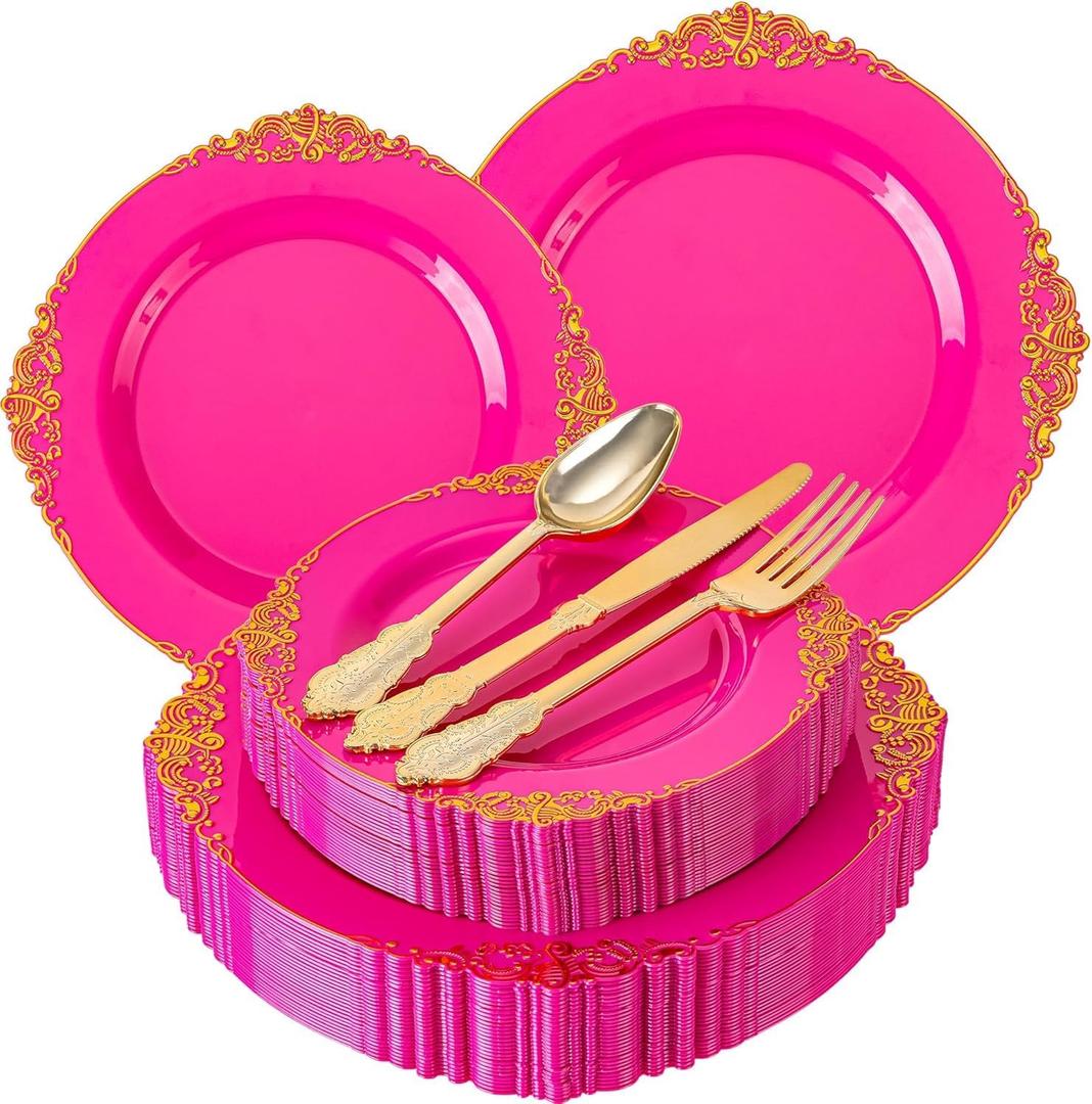 125PCS Hot Pink Plastic Plates - Pink Disposable Plate - Elegant Party Plates with Gold Plastic Silverware Sets for 25 Guests for Wedding & Birthday Party & Baby Shower