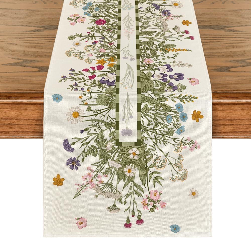 Artoid Mode Vintage Wildflowers Daisy Spring Table Runner,Seasonal Summer Floral Kitchen Dining Table Decoration for Home Party Decor 13x36 Inch (Beige)