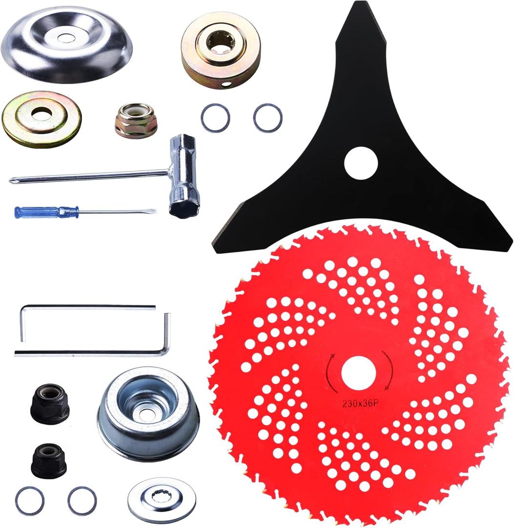 10"x 3 Teeth Carbon Steel Brush Cutter Weed Eater Blades & 9"x 36 Teeth Carbide Tipped Blades with Universal Adapter Kit Compatible with Brush Cutter, Trimmer, Weed Eater, Husqvarna Stihl Ego