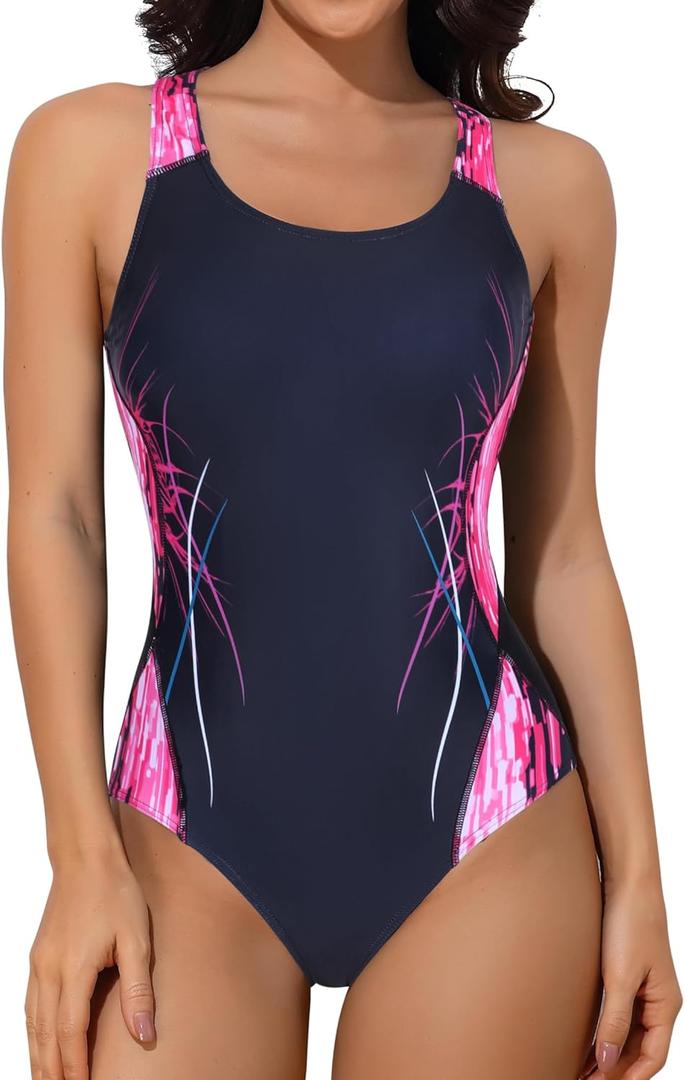 Beautyin Women One Piece Athletic Lap Swimming Competition Racing Swimsuit (Medium, Black/Red/Print)