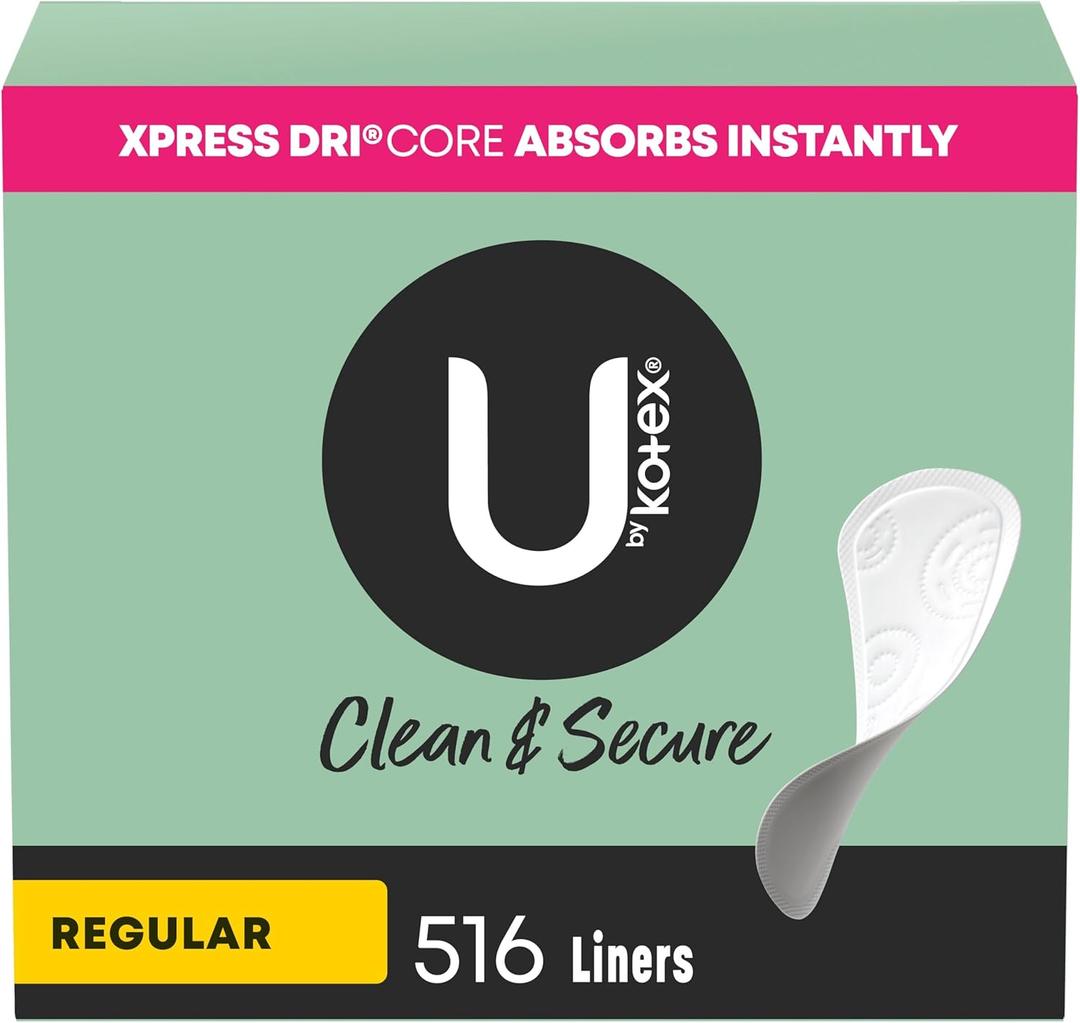 U by Kotex Clean & Secure Panty Liners, Light Absorbency, Regular Length, 516 Count (4 Packs of 129) 