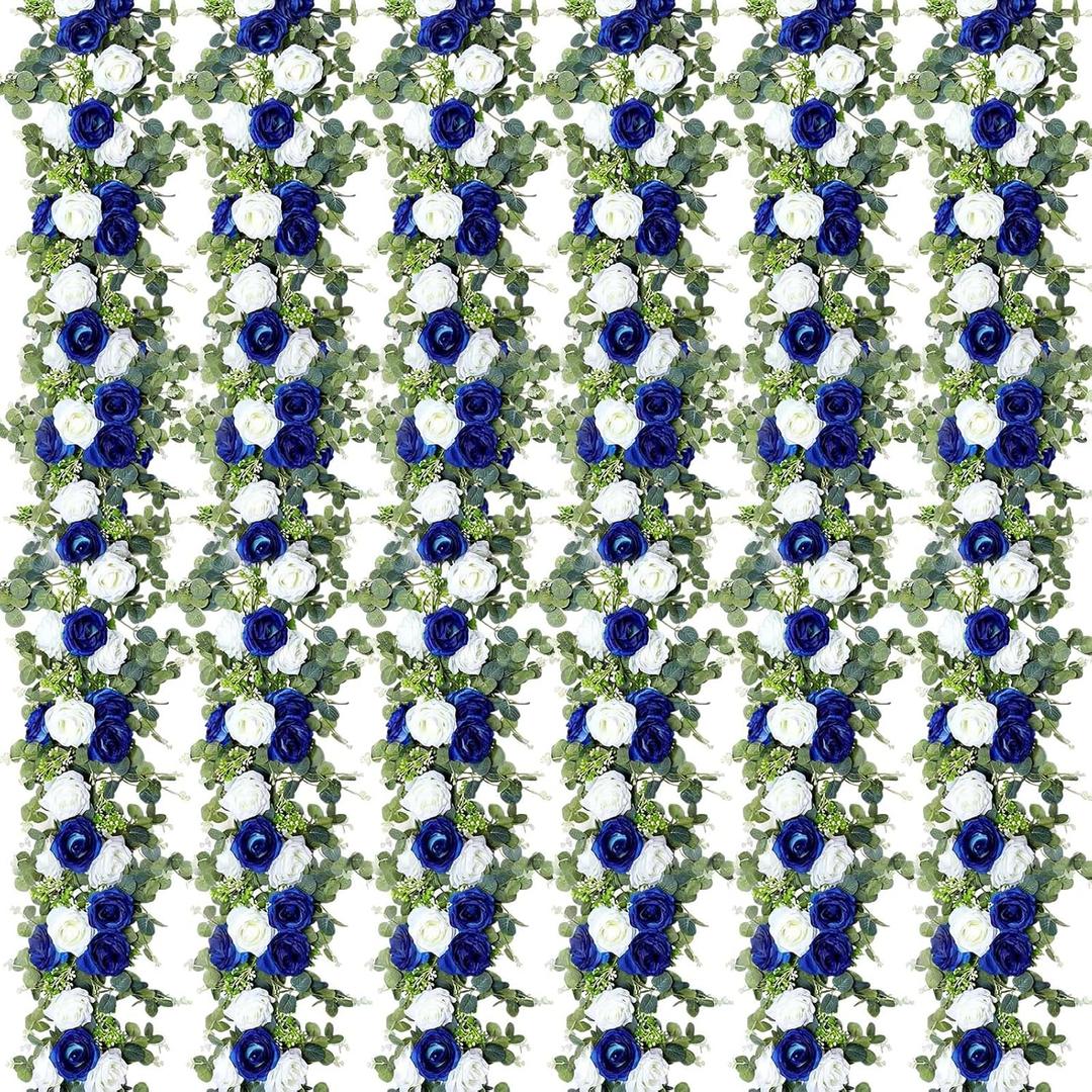 Riceshoot 6 Pcs 26 ft Artificial Eucalyptus Vines Garland with Flowers Faux Floral Greenery Garlands Rose Wreath for Wedding Party Arch Table Decor Backdrop Decorations (Blue and White)