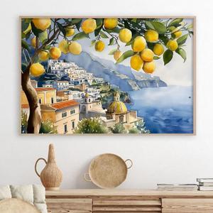Lemon Tree Canvas Wall Art Beach Landscape Painting Italian Coastal Wall Art Vintage Lemon Art Print Italian Beach Picture Seaside Artwork for Walls Italy Amalfi Coast Picture 16x24inch No Frame