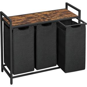 VASAGLE Laundry Hamper, Laundry Basket, Laundry Sorter with 3 Pull-Out and Removable Bags, Shelf, Metal Frame, 3 x 10.6 Gallons (40 L), 36.4 x 13 x 28.4 Inches, Ink Black and Rustic Brown UBLH301B01