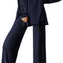 PRETTYGARDEN Womens 2 Piece Outfits Crewneck Long Sleeve Pullover Tops Wide Leg Long Pants Casual Lounge Set Travel Tracksuit (X-Large, Navy)