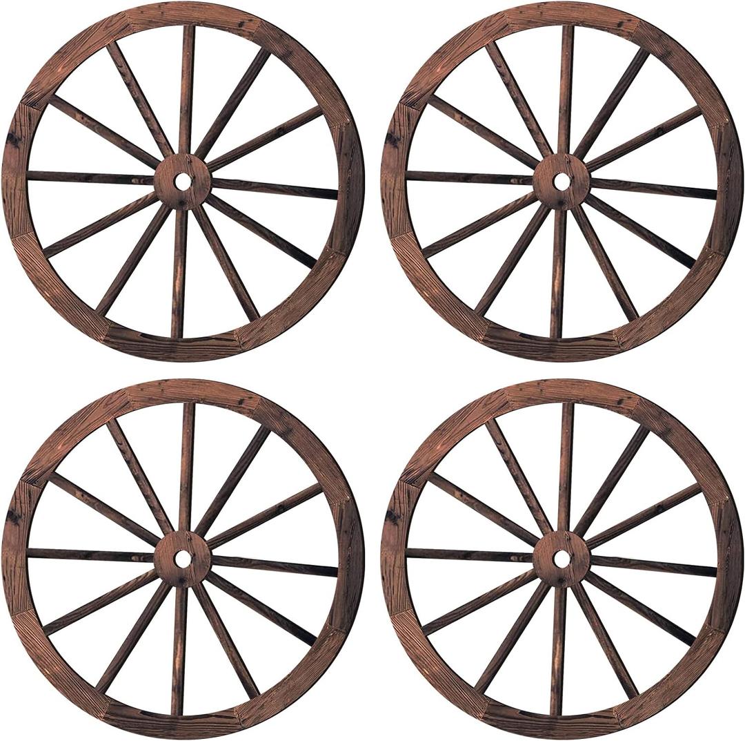 Qunclay 4 Pcs Decorative Wooden Wagon Wheel Vintage Old Western Party Farmhouse Wagon Wheels Rustic Yard Hanging Wall Decor for Garden Home Bar Garage(17.7 Inch)