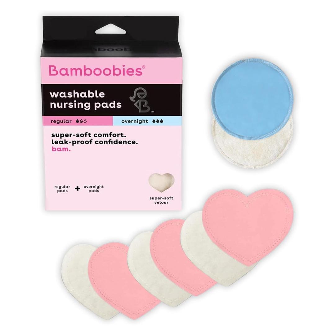 Bamboobies Nursing Pads, Ultra-Soft Velour, Reusable, Washable & Leak-Proof, 6 Ultra-Thin and 2 Overnight Pads for Breastfeeding
