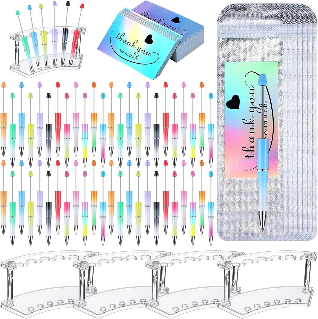 Tenceur 148 Pcs Beadable Pen Set Back to School Gift 48 Plastic Beadable Pen 48 Resealable Pouch Bag 48 Thank You Cards 4 Pcs Plastic Pen Holder Clear Display Stand for Student(Gradient Color)