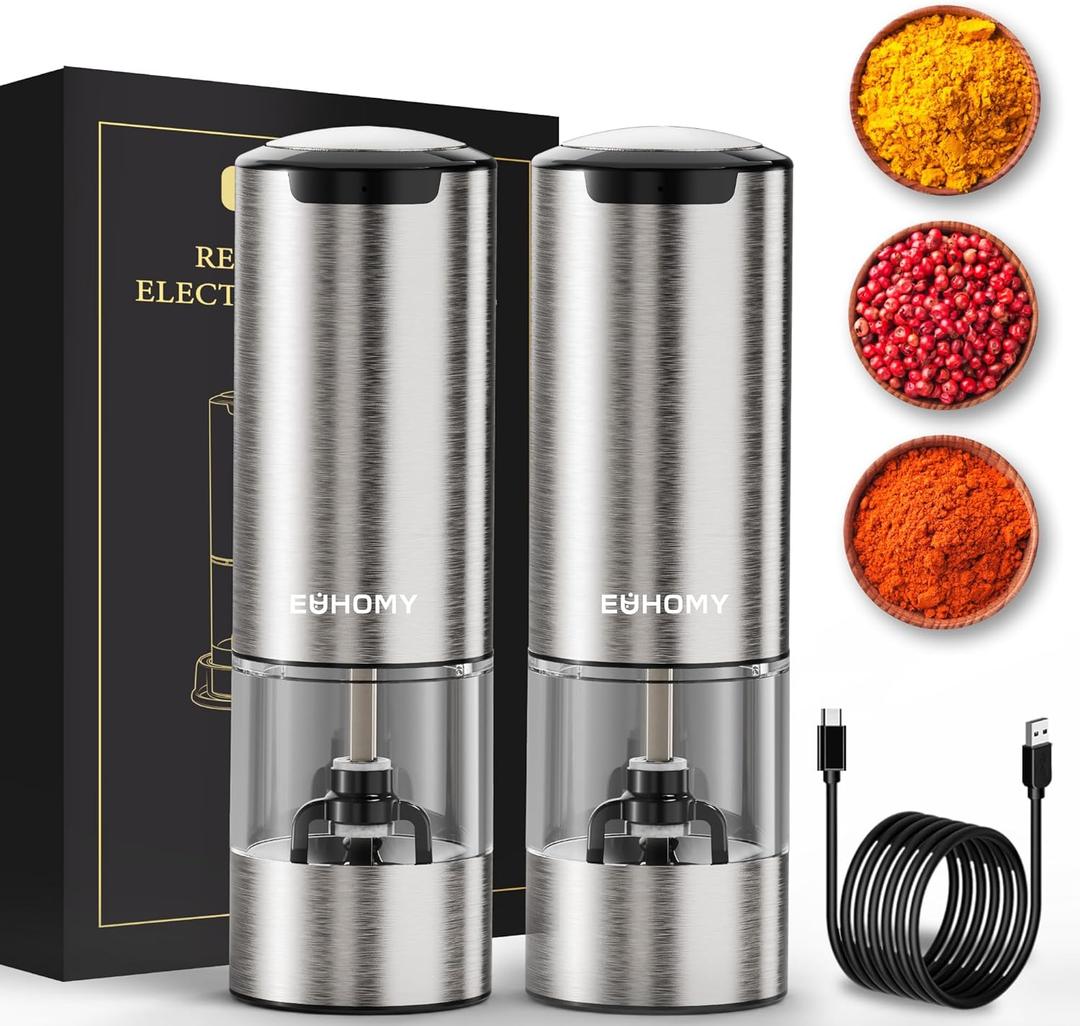 EUHOMY 2 Pack Electric Salt and Pepper Grinder Set USB Rechargeable with LED Light and BaseAdjustable Coarseness, Stainless Steel Automatic Salt Pepper Mill Grinder, One Handed Operation, Kitchen