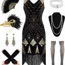 1920S Women Flapper Dress V Neck Sequin Fringed Dress Cocktail Dress with Roaring 20s Accessories (Medium, Black-gold)
