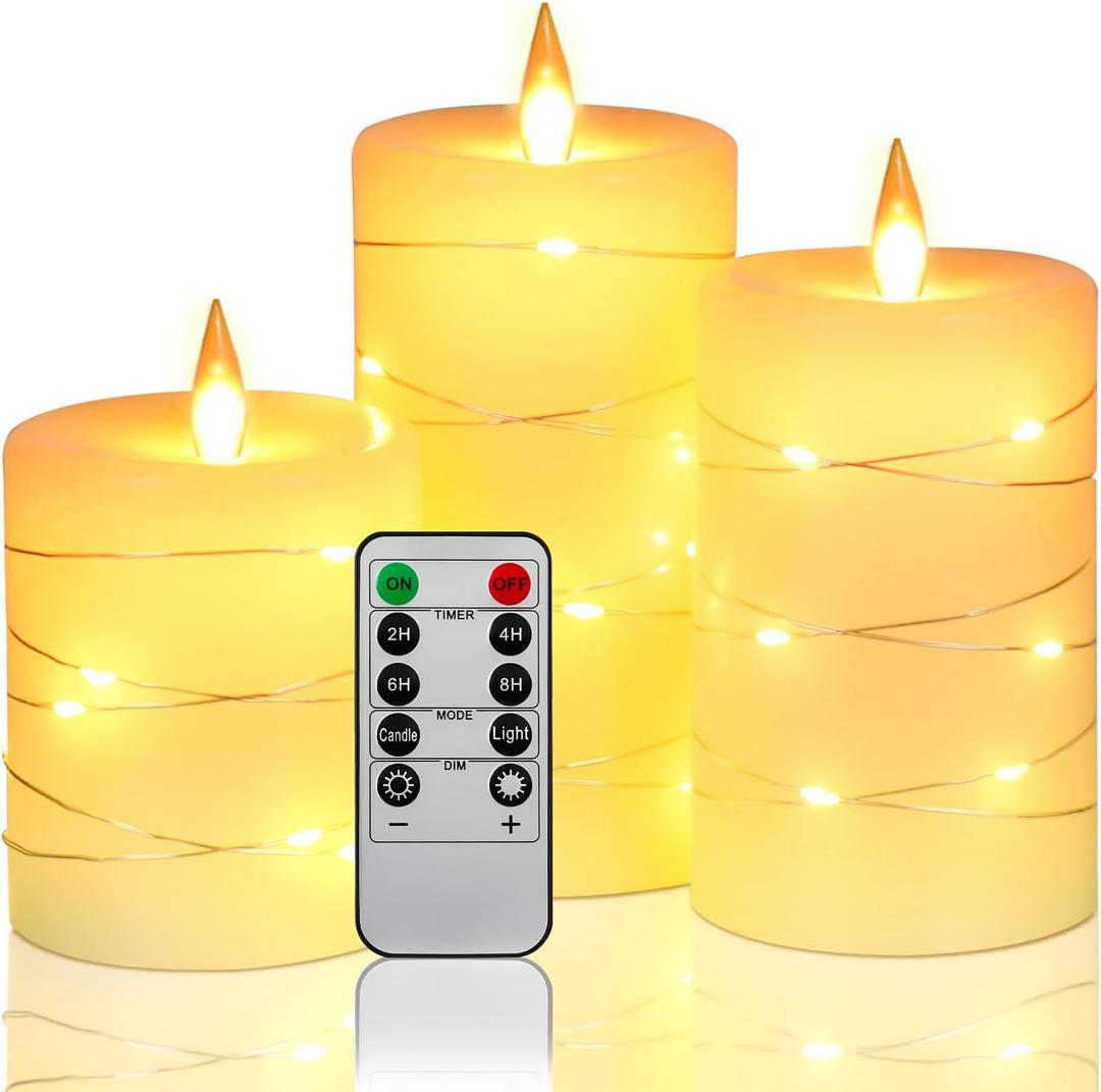 Da by Flameless Candles with String LightsBattery Operated Candles,LED Flickering Candles with Remote Control and Timer, Real Wax, 3 Pack-Ivory (Outdoor plastic candles)