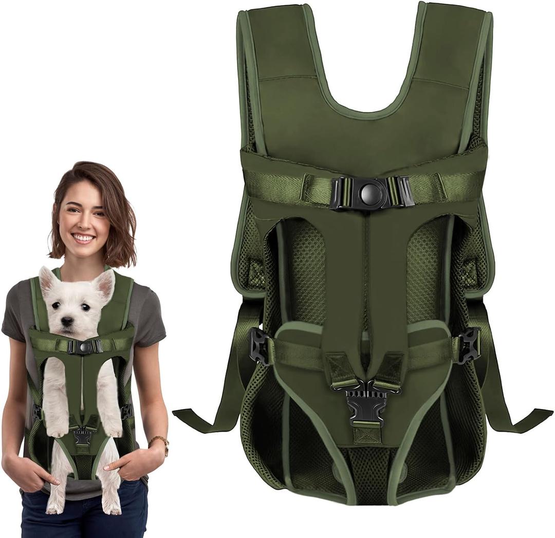 Dog Front Carrier Backpack, Dog Backpack Carrier Soft Pad, Pet Legs Out, Easy-Fit Dogs Front Carrier for Small Medium Puppy, Hands Free Dog Carrier Adjustable for Cycling Hiking (Army Green, S)