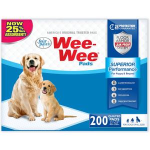 Four Paws Wee-Wee Superior Performance Unscented Pee Pads for Dogs & Puppies, Quilted Leak-Proof Dog Housebreaking Potty Training Floor Protection, 22" x 23", 200 Count (White)