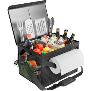 FANGSUN Grill Caddy, BBQ Caddy with Lid & Paper Towel Holder, Picnic Griddle Caddy for Outdoor Camping, Barbecue Accessories Organizer for Utensil Grilling Tool, Must Haves for Camper, Tailgate, RV