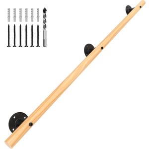 5 FT Wood Handrails for Indoor Stairs, Wall-Mounted Staircase Handrails for Indoor Outdoor Steps, Non-Slip Stairs Railing Indoor for Corridor, Lofts, Patio, Kindergarten Guardrail (Round Wood)