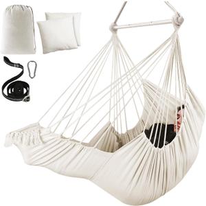 Chihee Hammock Chair Hanging Chair with Foot Rest 2 Cushions Max 500lbs Robust Metal Spreader Bar Collapsible Easy Storage Soft Cotton Swing Chair Strong Strap Iron Carabiner Side Pocket Included (Creamy White)