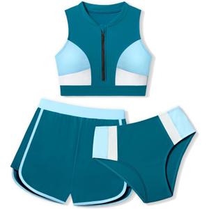 AGAPENG Girls Swimsuit Size 7 8 Girls Bathing Suit Color Block Zipper Front Bikini Set with Shorts 3 Piece Sporty Bathing Suits for Girls Blue Green Swimwear