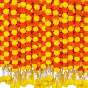 6 Pcs 5 Ft Artificial Marigold Flowers Garland, Dia de Los Muertos Faux Garlands Diwali Decoration with Pendant Bell for Indian American Wedding Party Mantle Decor (Dark Orange, Yellow)