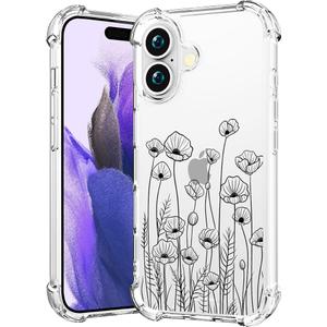 Compatible with iPhone 16 Plus Case Clear Cute for Women - Rugged Phone Cases Funda Protector Cover Skin (Black Floral Flower)