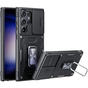 ANGELAS Shockproof Phone Case for Samsung Galaxy S23 Ultra - Silicone TPU Bumper with Anti-Fall Protection, Slide Camera Cover & Rotating Ring Kickstand, 6.8Inch, Black