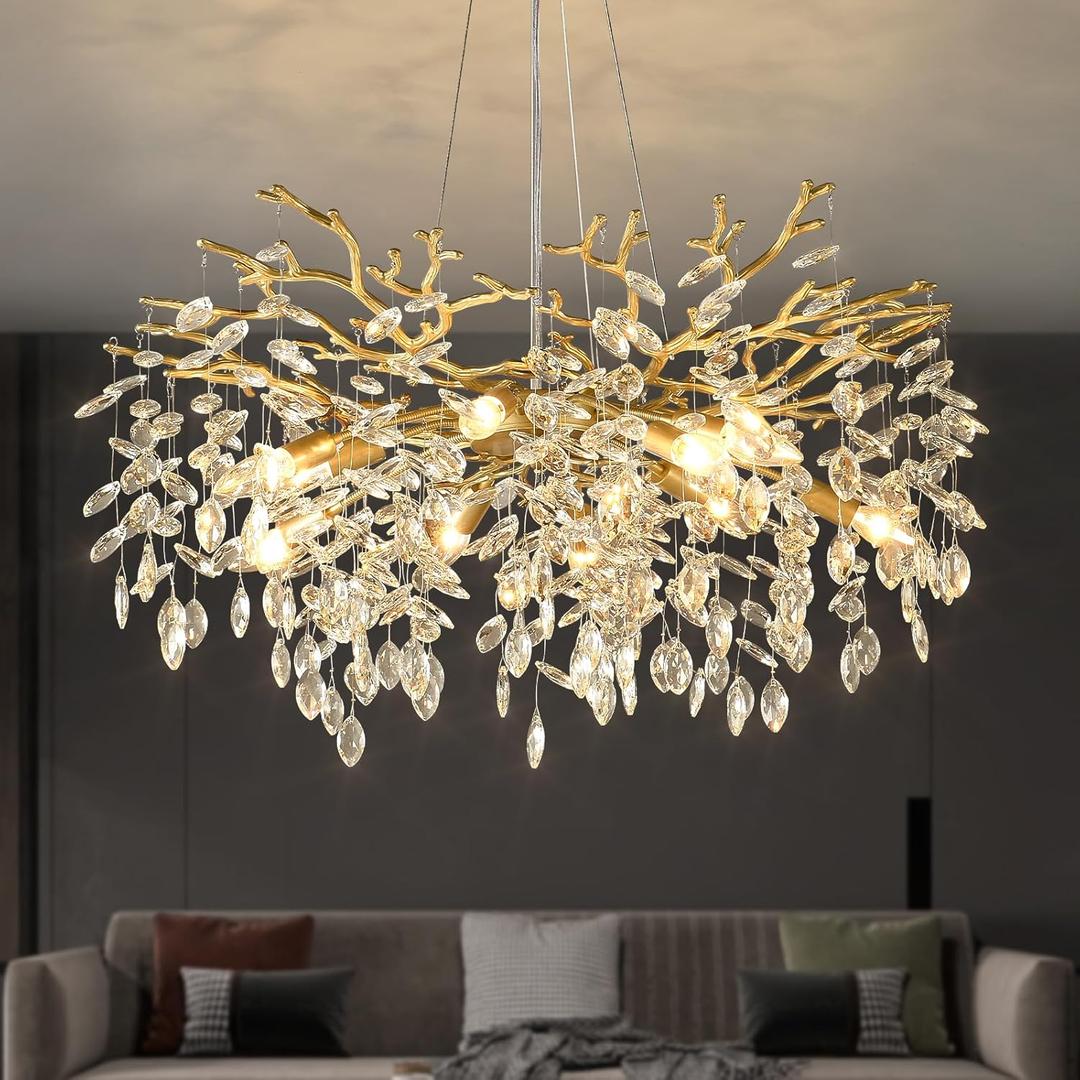 EGM Gold Tree Branch Crystal Chandelier, 32 Inch Modern Raindrop Crystal Ceiling Light Fixtures 10-Light(E12), Hanging Round Chandeliers for Dining Room Living Room Bedroom Foyer