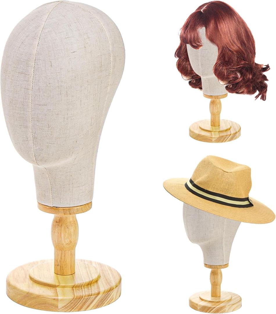 Peohud 21 Inch Mannequin Head, Canvas Wig Head Stand with Detachable Wood Stand, Linen Hat Display Model Head for Caps, Headdress, Wig Making