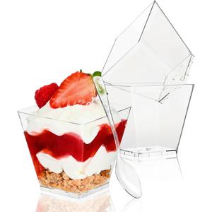 TOFLEN 100 Pack 3.5 oz Plastic Dessert Cups with Spoons, Irregular Square Mini Dessert Bowls for Party Trifle, Yogurt Parfait, Pudding, Appetizers