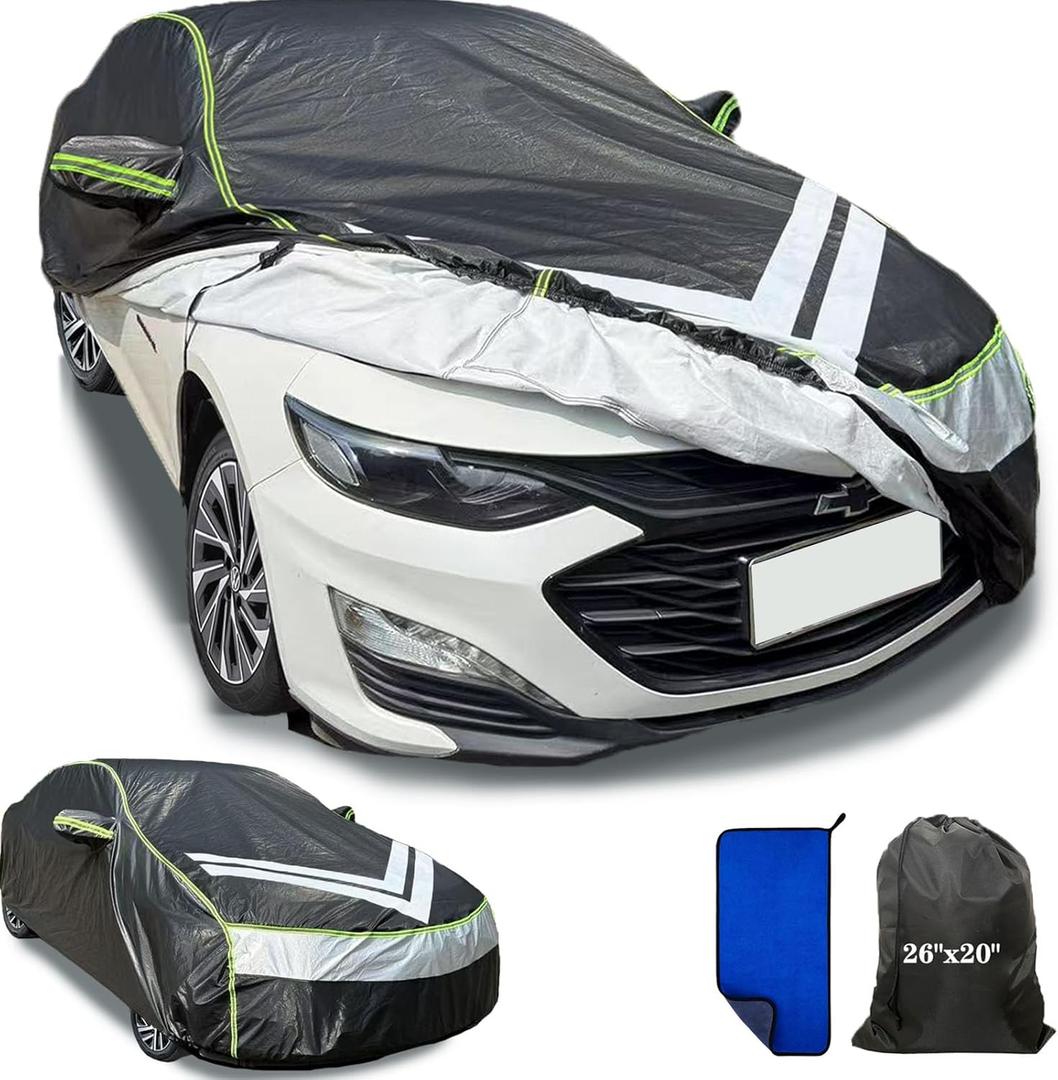 Waterproof Outdoor Cover with Zipper Door Reflective Strips Fit for Toyota Camry, Nissan Altima, Honda Accord, Chevy Malibu, Kia Optima/K5, Subaru Legacy, Buick Regal etc.Gift with Towel(187-194 inch)