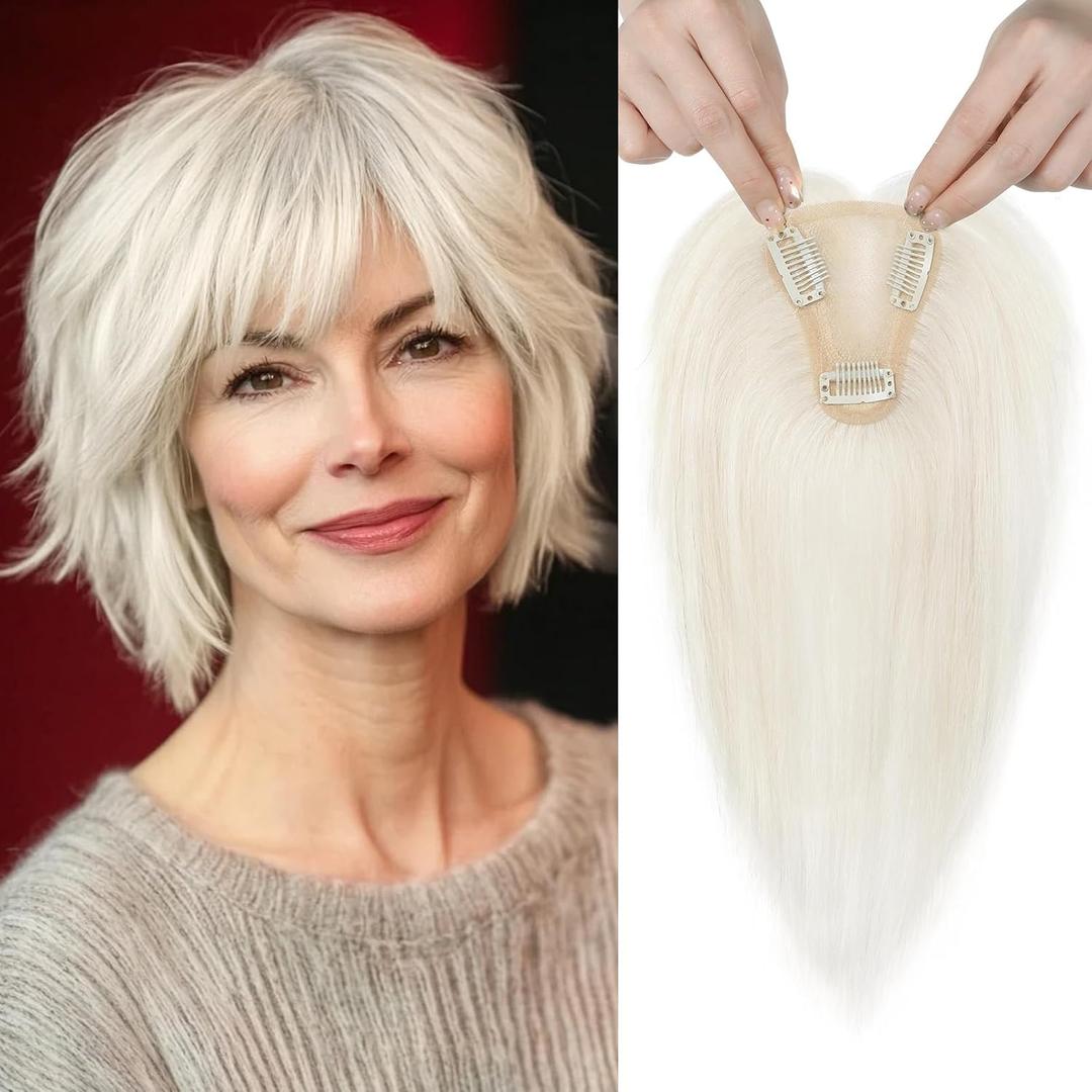 REECHO 10" Real Human Hair Topper for Women with Thinning Hair, Clip-in Crown Hairpiece for Instant Volume and Gray Root Coverage Real Hair Toppers Wiglett, Standard Base, White Blonde