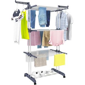 HOMIDEC Clothes Drying Rack, Oversized 4-Tier(67.7" High) Foldable Stainless Steel Drying Rack Clothing, Movable Drying Rack with 4 castors, 24 Drying Poles and 14 Hooks for Bed Linen, Clothing, Grey (Gray)