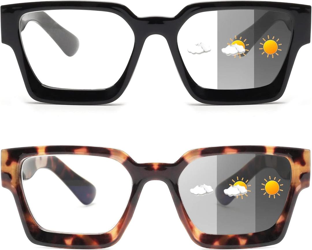 JM 3 Pack Square Oprah Style Reading Glasses for Women Men, Oversized Rectangle Spring Hinge Readers Blue Light Blocking (2 Pack Photochromic)
