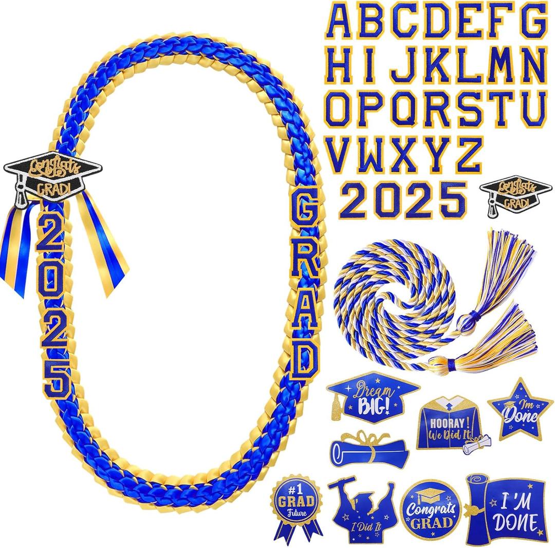 Graduation Leis 2025 Grad Money Ribbon Lei Class of 2025 with 8 Patches Pins for Him Her Graduation Party Decorations (Blue)