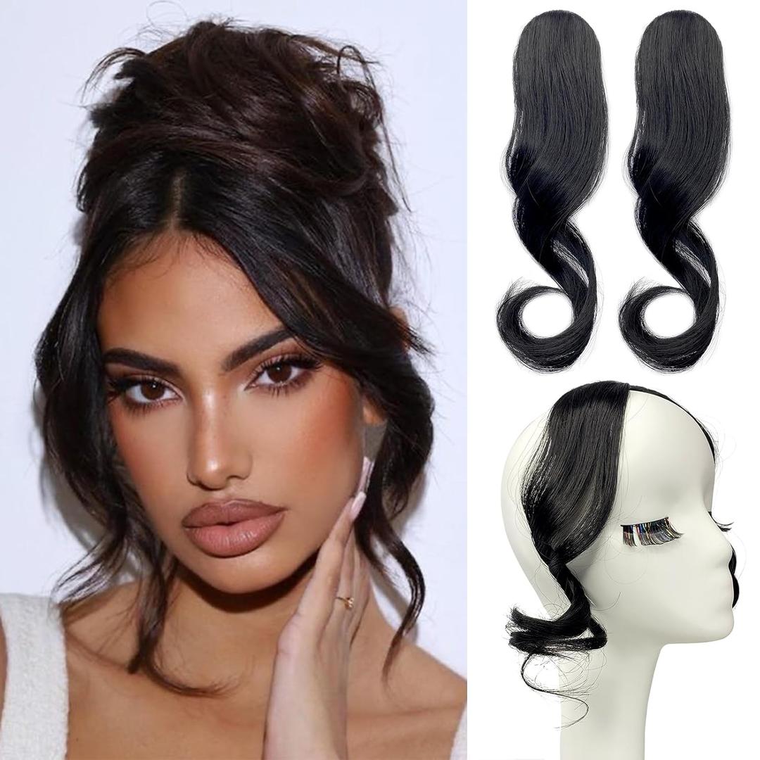 Long Side Bangs Clip-in Hair 2PCS Set, Brown Black Thick Wavy Curly Hair Bang Clip-on Natural Curly Swept Bangs Fake Fringe Bang Long Temples Hairpiece for Women (Brown Black)