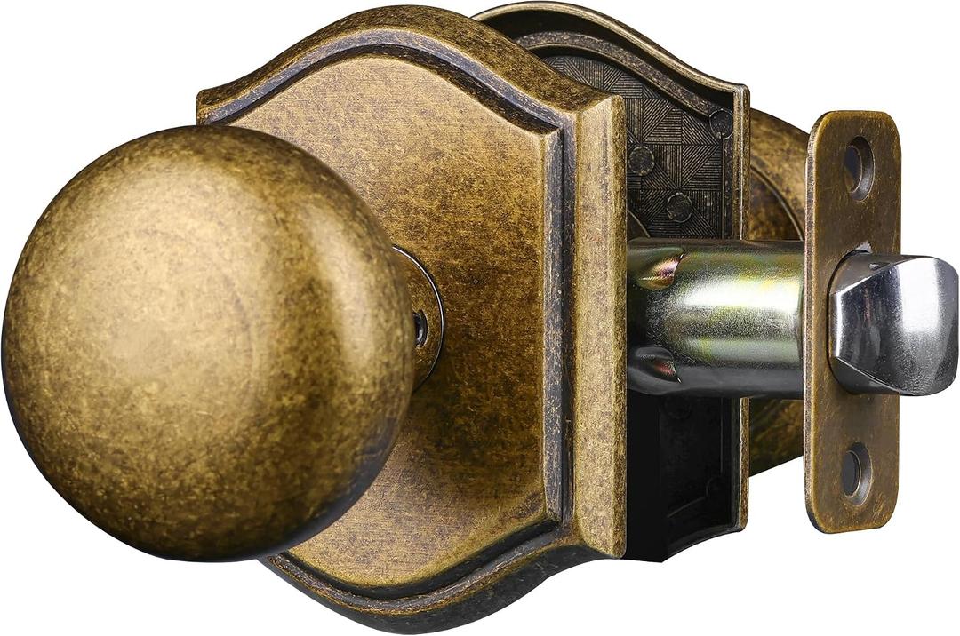 Door Knobs Interior, Classic Decorative Antique Brass Passage Door Knob Perfect for Bedroom or Bathroom Doors, Durable Stylish Hardware for Indoor Use- 1 Pack