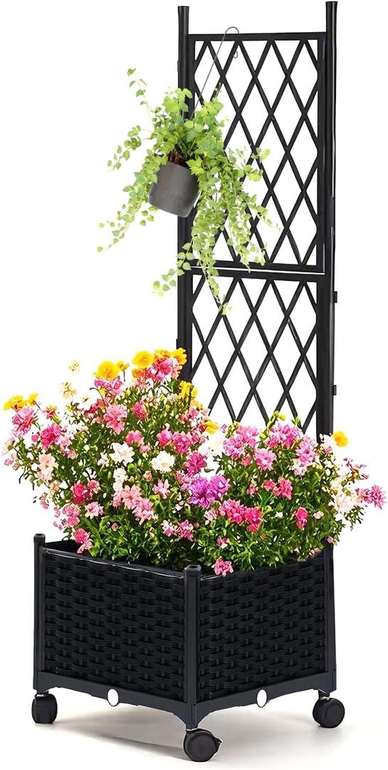 lalahoni Planter with Trellis, 4ft Tall Trellis Planter Box with Lockable Wheels for Outdoor Plants Tomato Flower Vegetable Herb Vine, Resin Self-Watering Raised Bed with Trellis & Drainage Hole, 1PC (15.7"x15.7"x51.1")